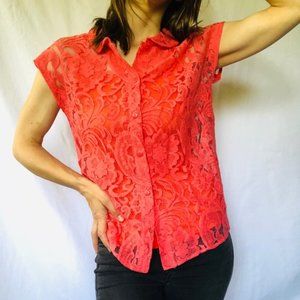 Tart pink lace cap sleeve button down blouse and orange cami tank set size small